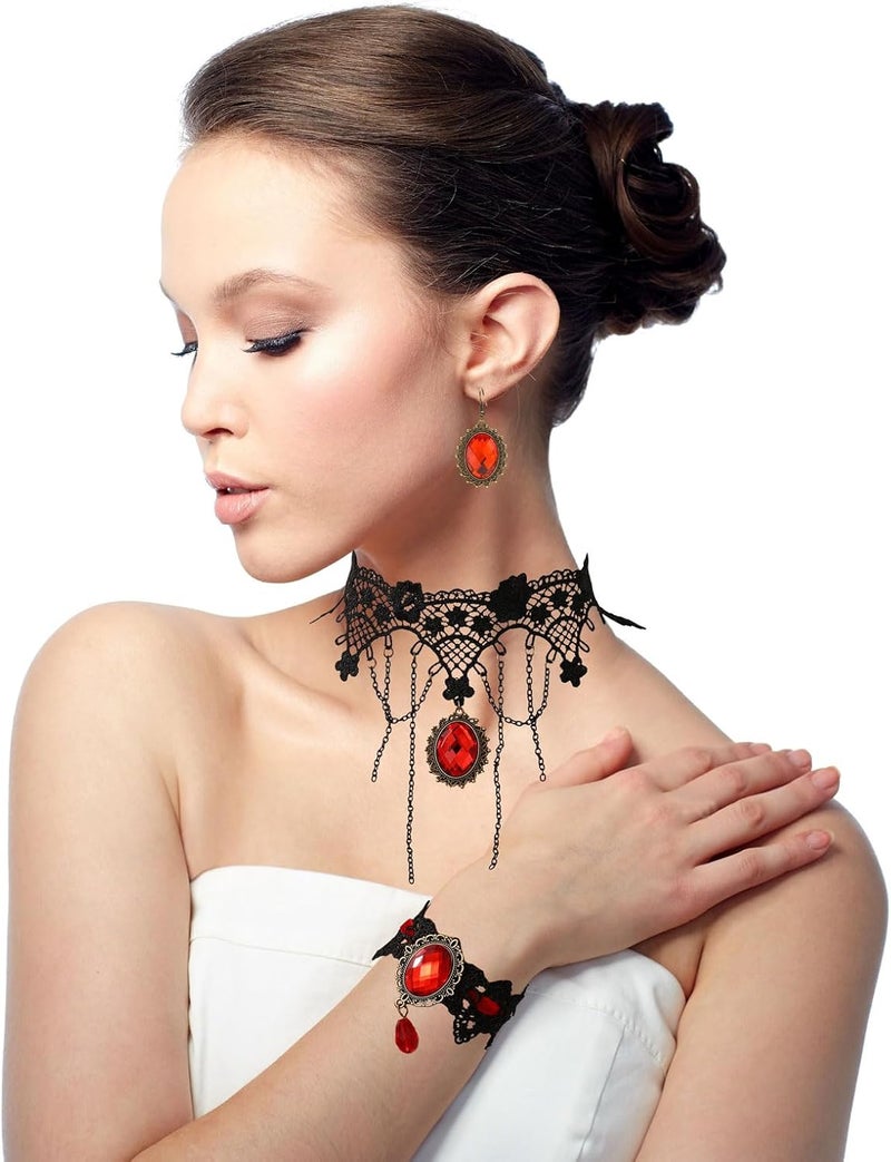 ELLEZZA Gothic Victorian Style Vampire Choker Necklace Bracelet Earrings Set,Halloween Pirate Steampunk Witch Vampire Costume Accessories Jewelry for Women,Adjustable Size - Image 2